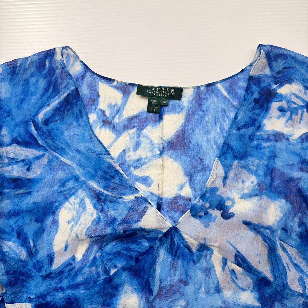 Lauren Ralph Lauren Silk Blue Floral Blouse Women's 10P Petite Coastal Cruise - Picture 13 of 16